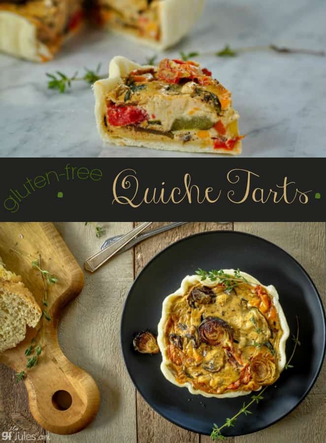 Gluten Free Quiche Tarts are so easy to make and yet so impressive! With the homemade gluten-free pastry recipe that's one of the most popular at gfJules.com, the crust is so light and flaky, making everything tucked inside that much tastier. gfJules