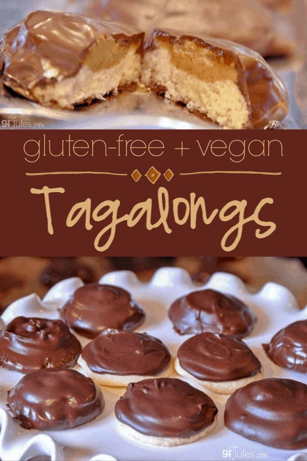 The best gluten free girl scout cookie? Gluten free Tagalongs! This recipe has all the chocolate and peanut butter goodness with no gluten, dairy or eggs.