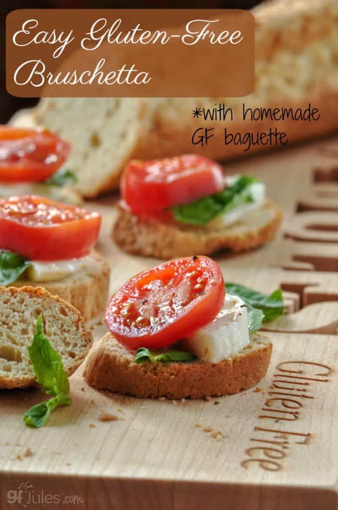 easy gluten free bruschetta with homemade gluten free baguette that's almost too delicious to cover up! gfjules.com