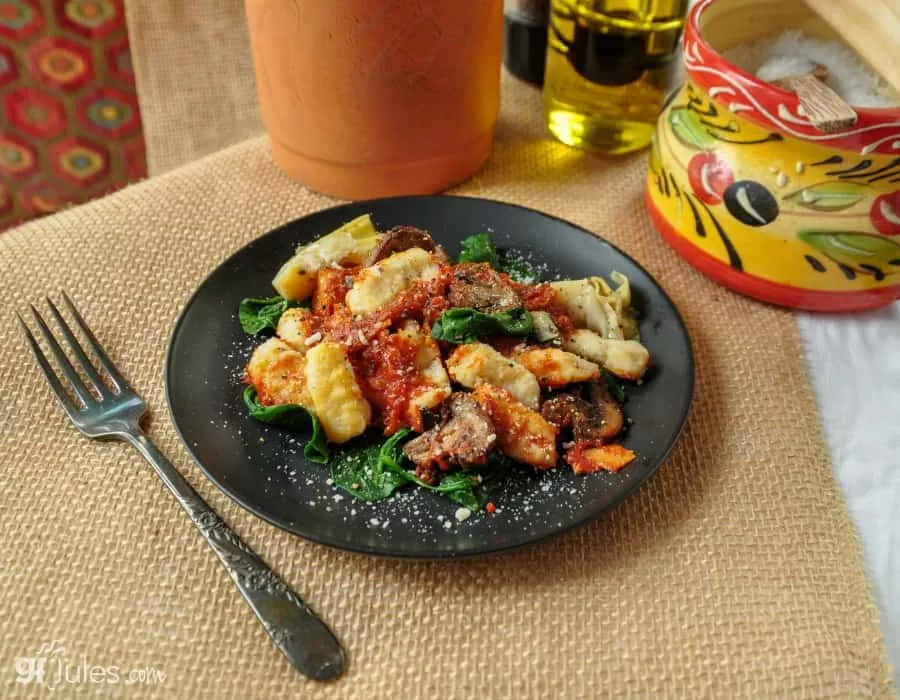 gluten free potato gnocchi with artichokes and spinach