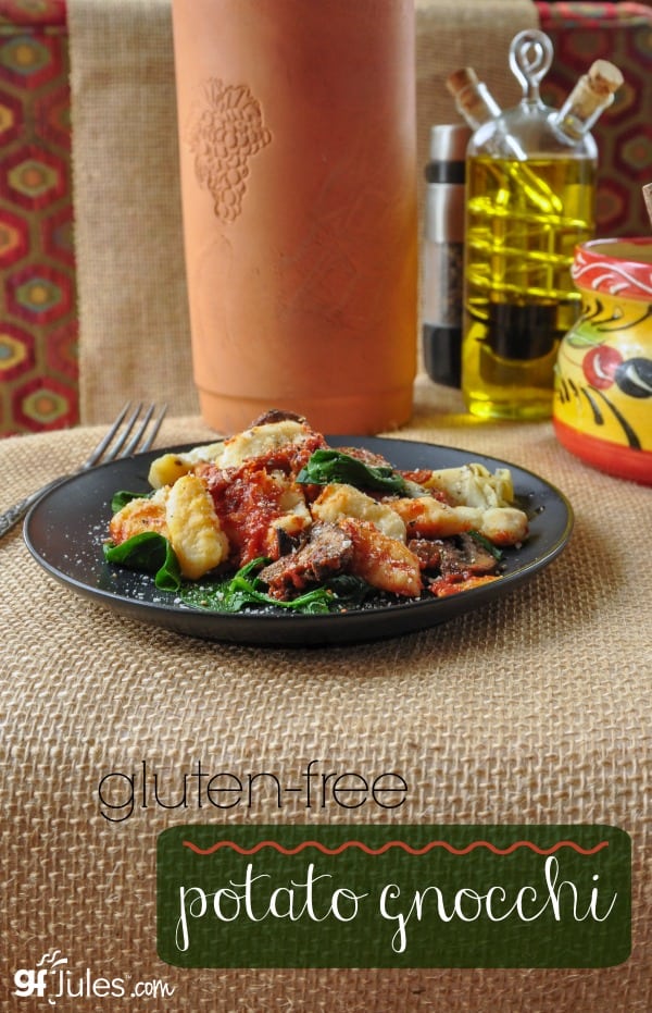 Gluten free potato gnocchi is so simple to make and serve with any of your favorite sauces. Use regular white potatoes, sweet potatoes or even purple potatoes for fun! gfJules.com