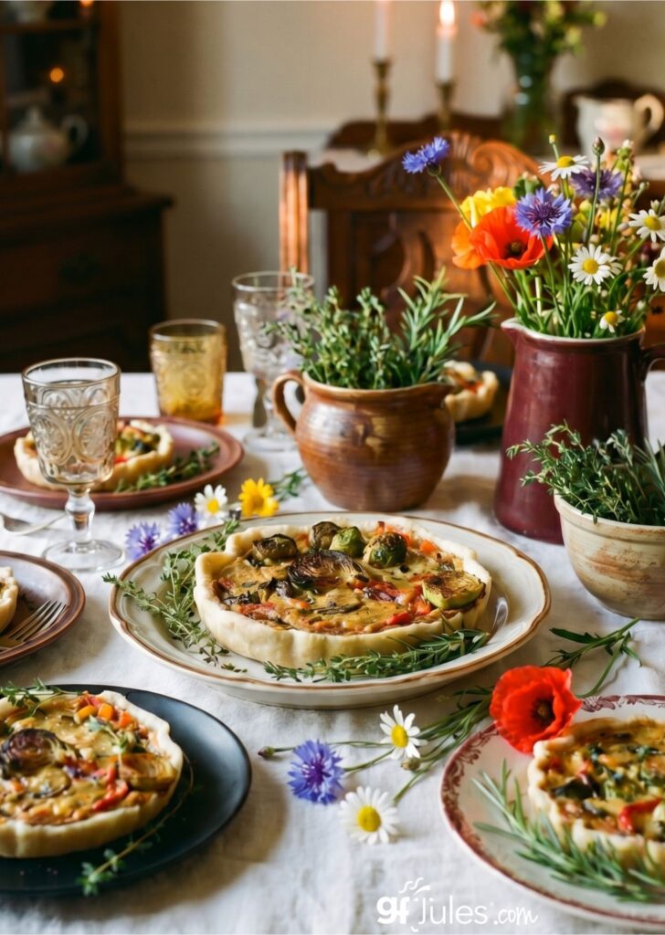 gluten free quiche tarts on table with herbs