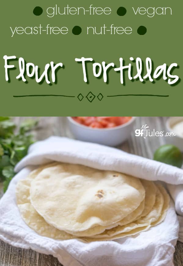 Homemade gluten free flour tortillas that are soft and pliable like they oughta be! Made with soft and stretchy gfJules Flour, they wrap around your burritos and roll out like a dream! (Don't try this recipe with store-bought rice flour or bean flour based blends, or you'll just be disappointed). | gfJules.com #glutenfree #vegan #nutfree #yeastfree #tortilla