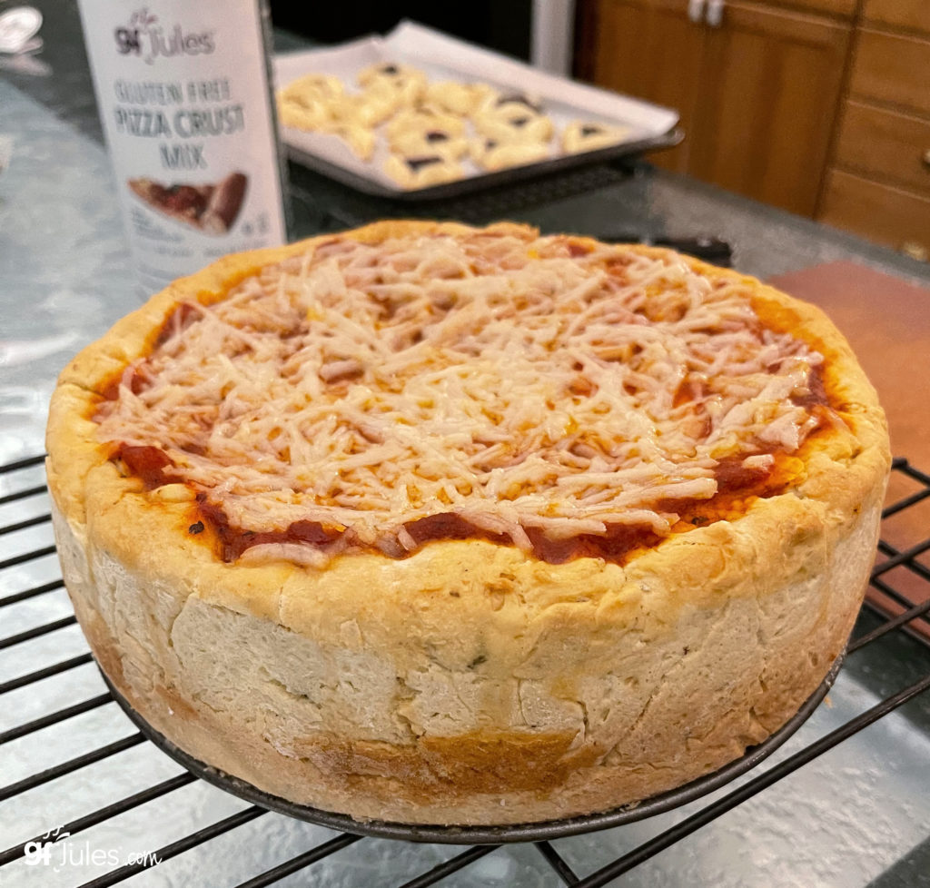 Gluten Free Stuffed Crust Pizza on rack