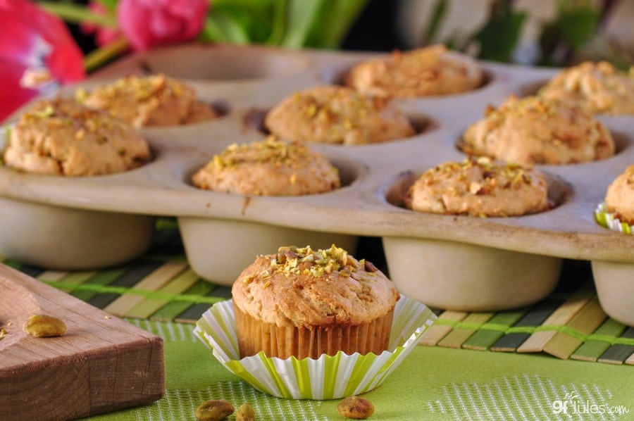 gluten free pistachio match muffin with tray