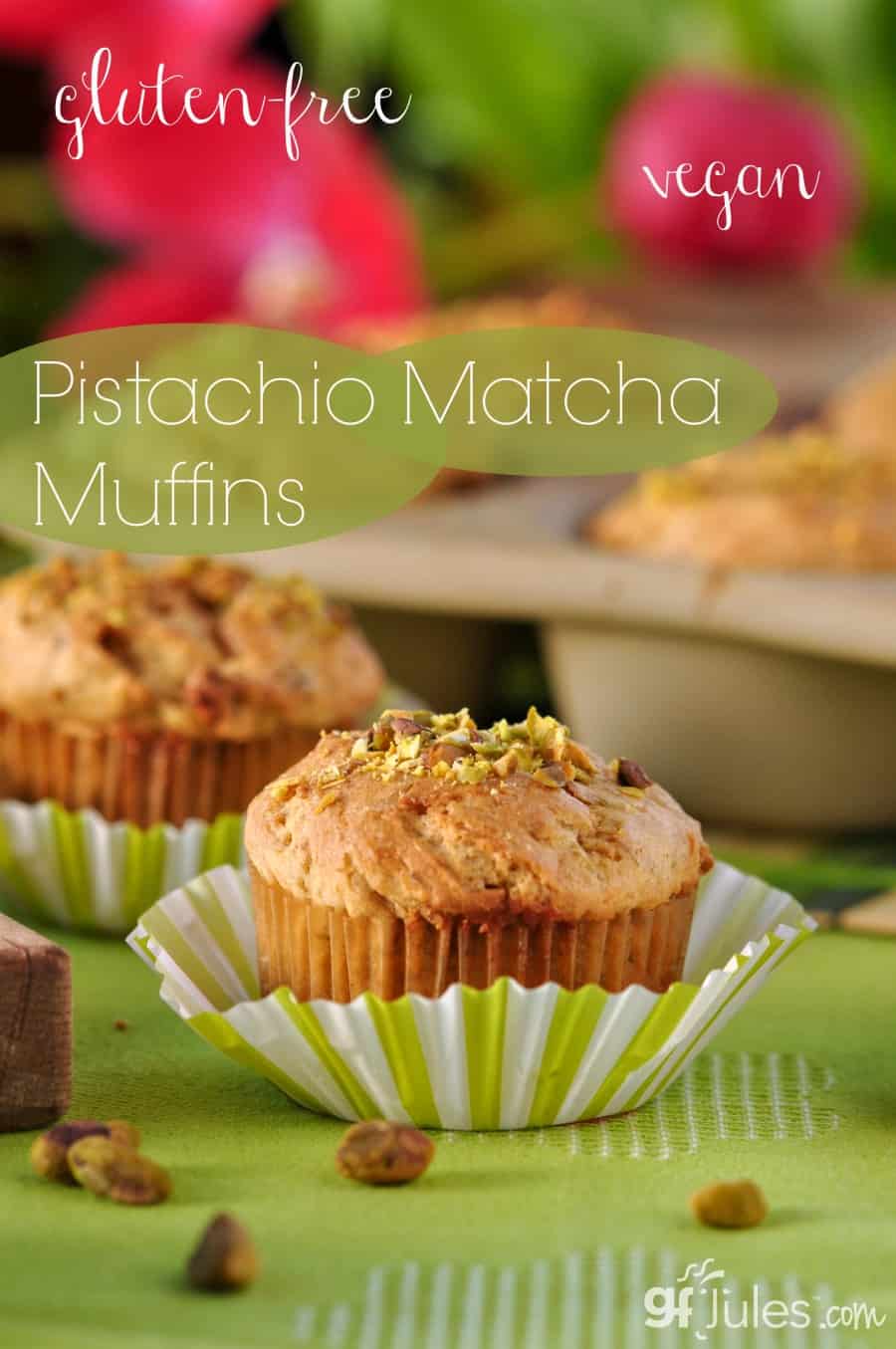 gluten free pistachio matcha muffins that are as healthy for you as they are moist and delicious! Gluten Free and Vegan, too! gfJules.com