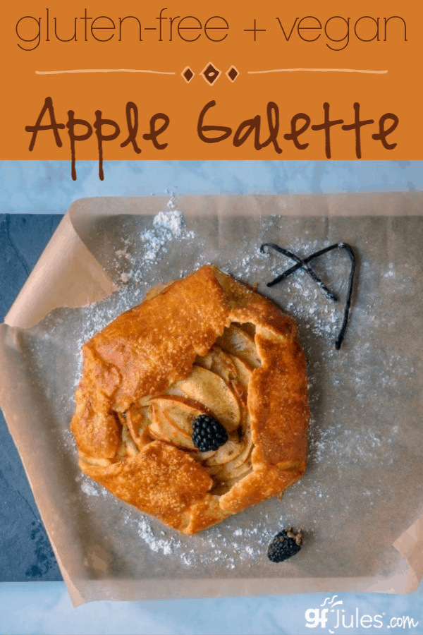 Gluten Free, Vegan Apple Galette made with light, tender and flaky homemade gfJules gluten free pie crust. It's the easiest way to make a gorgeous and impressive pie without a lot of effort!