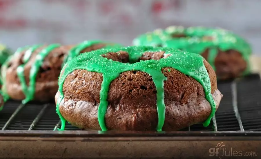 gluten free chocolate zucchini donuts with green icing - gfJules