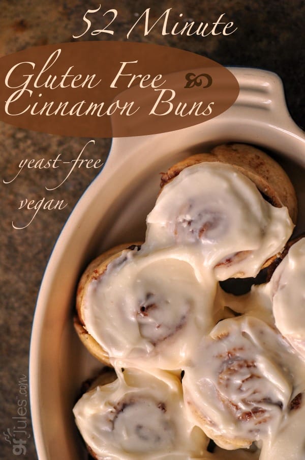 52 Minute Gluten Free Cinnamon Buns recipe. Start to finish, this magical recipe produces soft, sweet cinnamon buns without gluten, yeast, dairy or eggs. See? Told you it was magic! gfJules.com