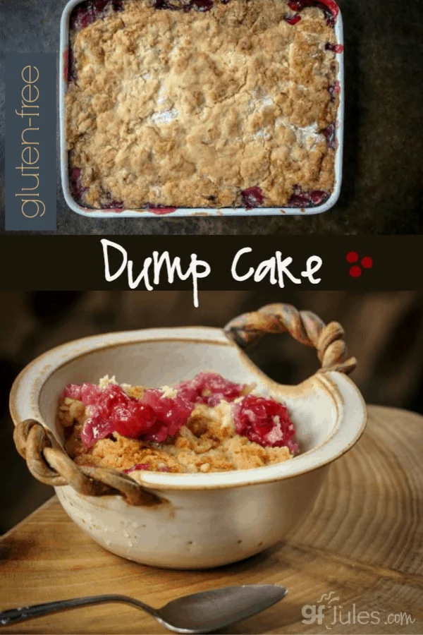 The premise behind a gluten free Dump Cake is that you dump a cake mix on top of pie filling and call it a quick dessert.