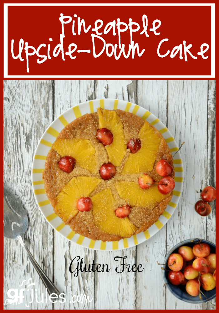 This gluten free Pineapple Upside-Down Cake is magical! Fresh pinapple and cherries, moist yogurt and less fat: you'll wish you doubled the recipe!