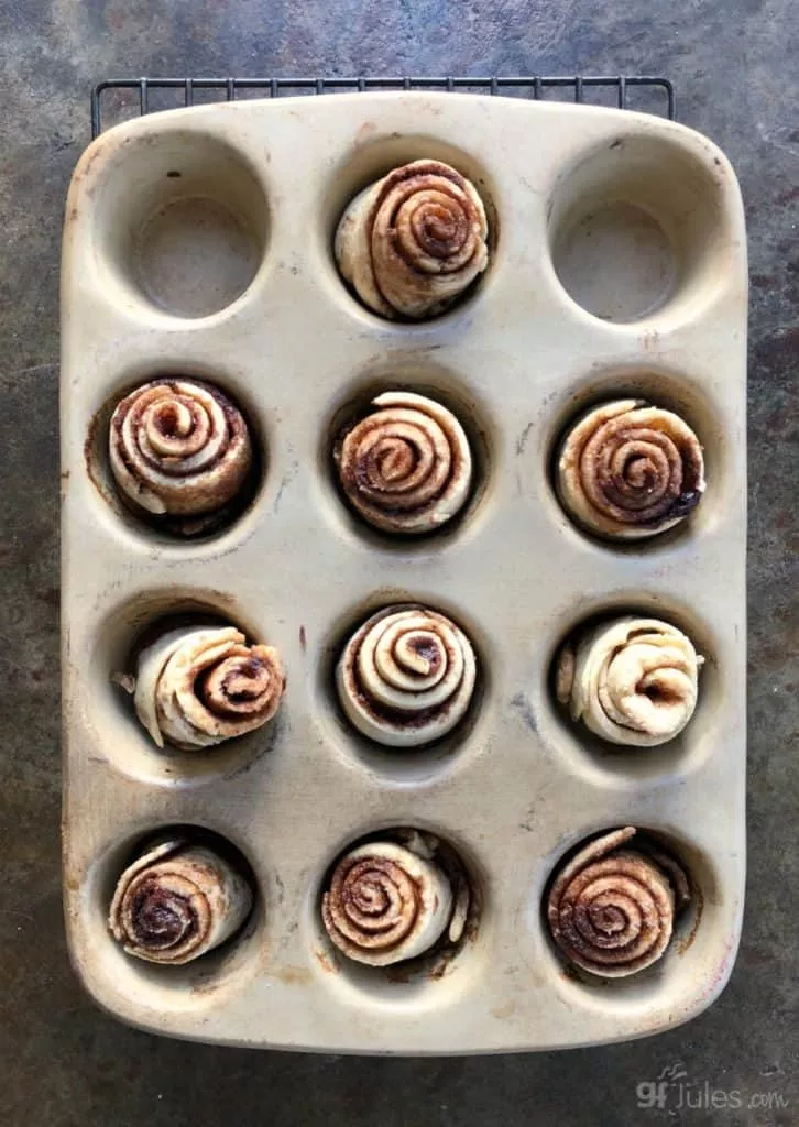 gluten free cinnamon buns in pan