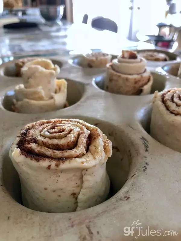 gluten free cinnamon buns in pan ready to bake