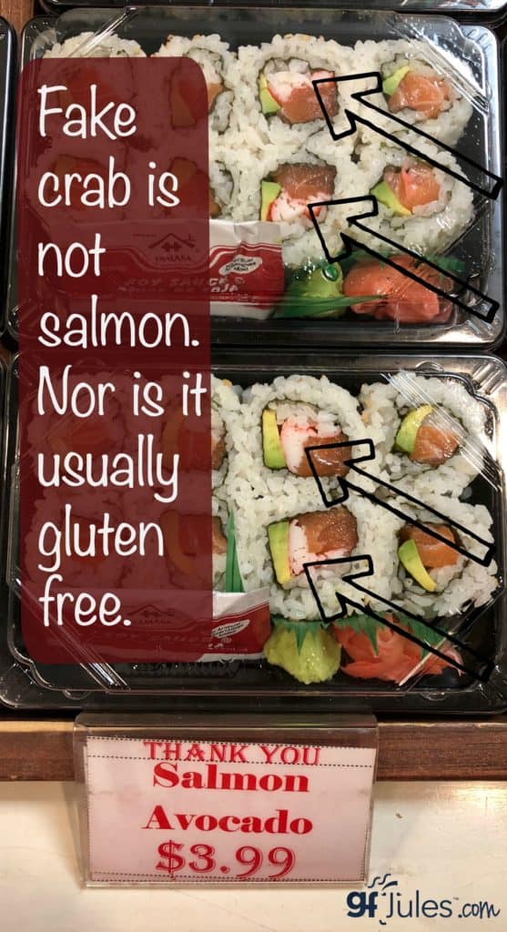 Fake crab is not salmon. Nor is it usually gluten free. gfJules
