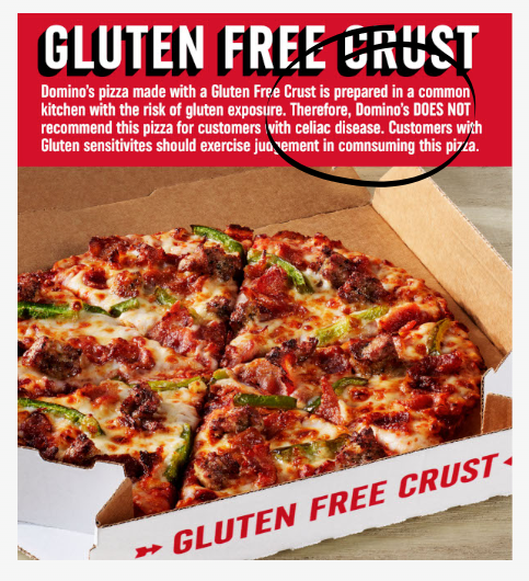 domino's gluten free pizza not recommended for celiacs