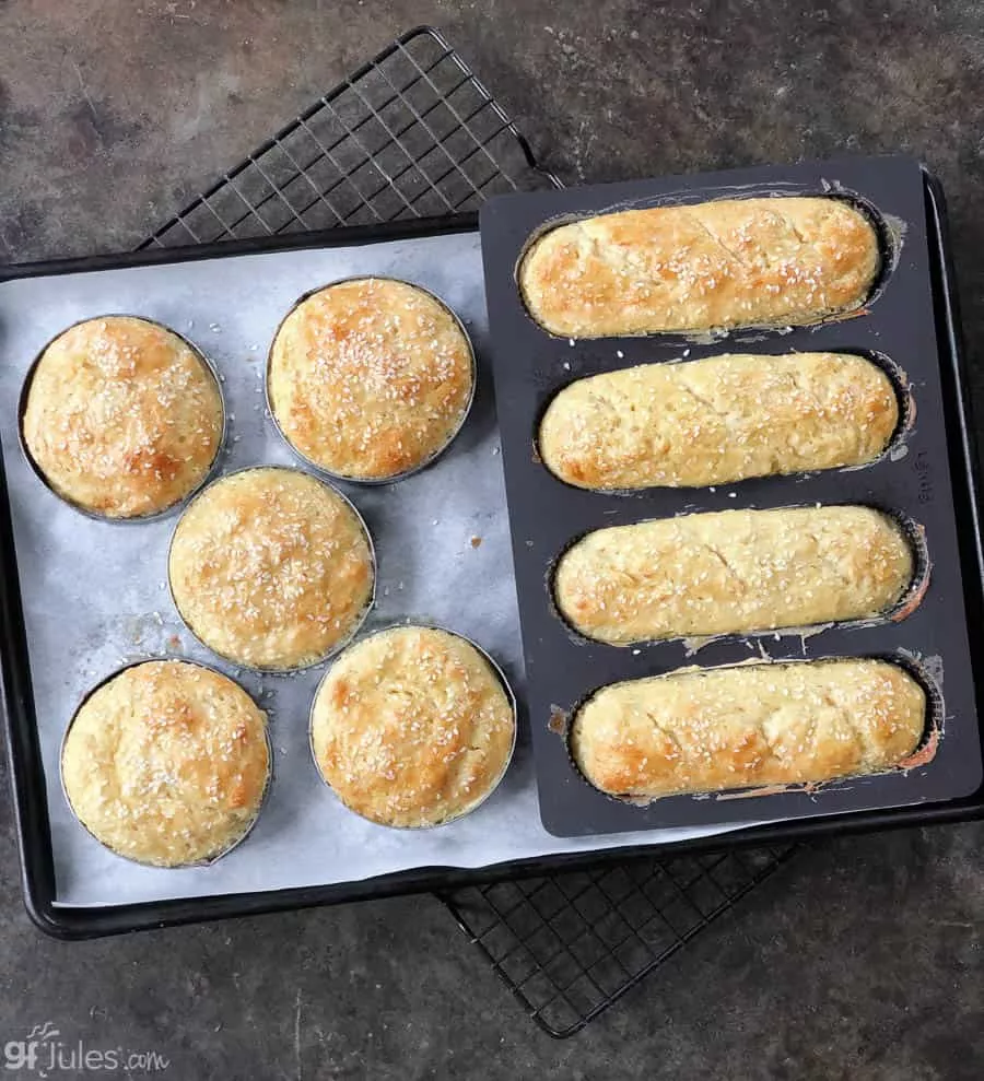 gluten free hamburger and hot dog buns in pans