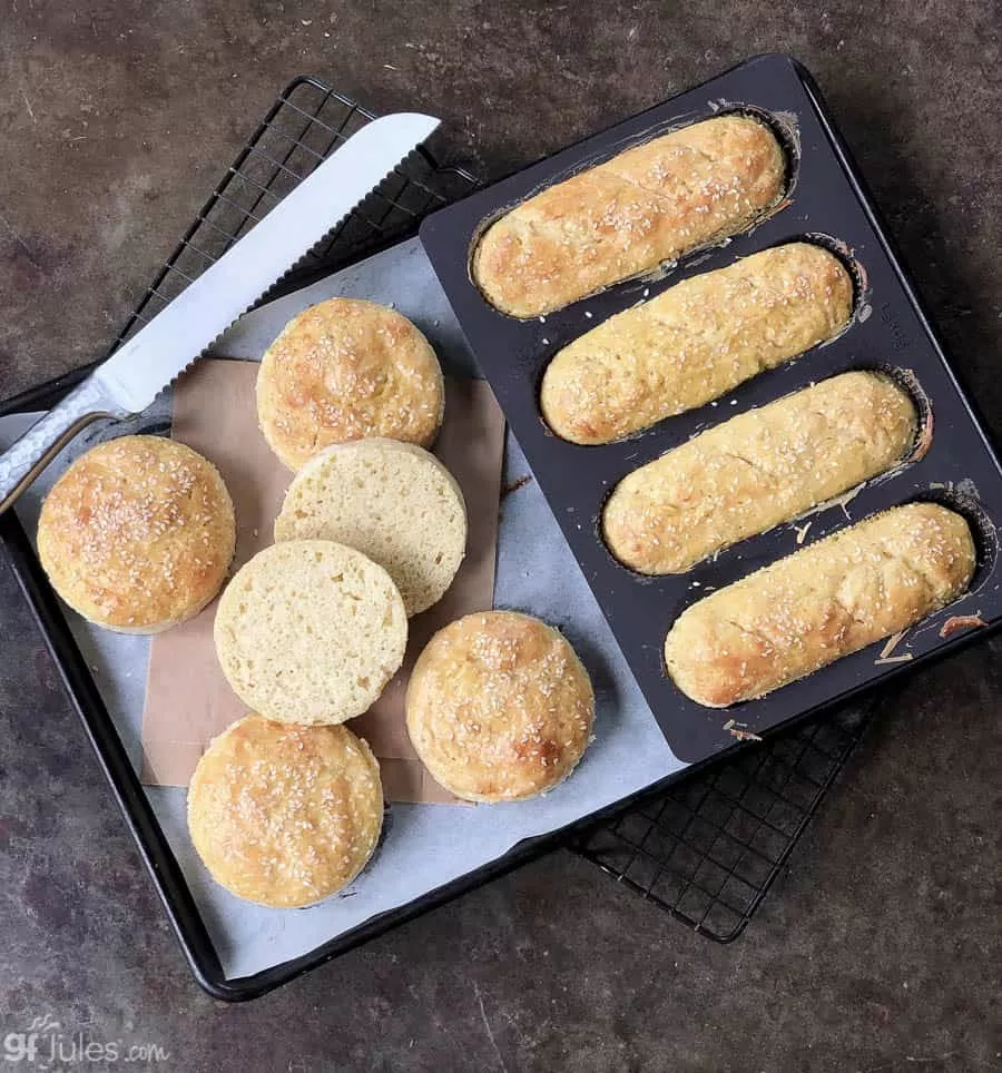 gluten free hamburger and hot dog buns sliced