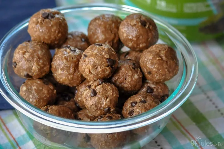 Bowl of chocolate gluten free protein balls with OWYN