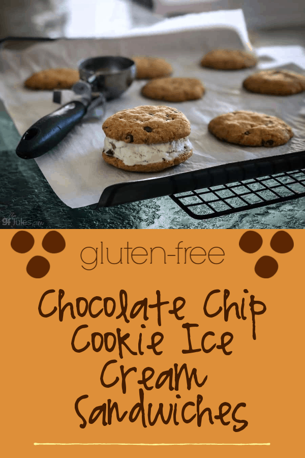 Mini or big gluten free chocolate chip cookie ice cream sandwiches make any occasion more fun! Even made dairy-free and/or vegan! gfJules.com