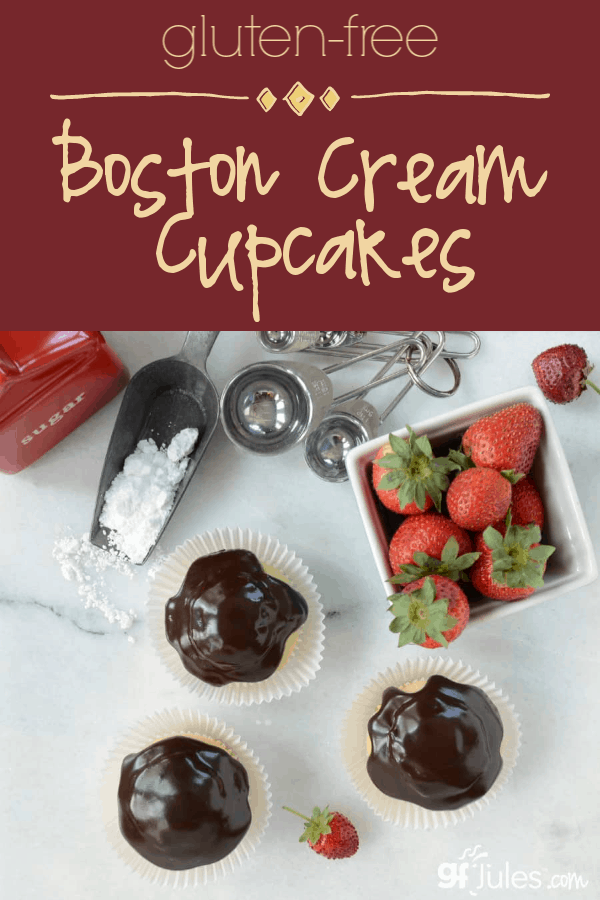 Light and fluffy sponge cakes with custardy goodness tucked inside, smothered in a perfect chocolate glaze -- Gluten Free Boston Cream Cupcakes!