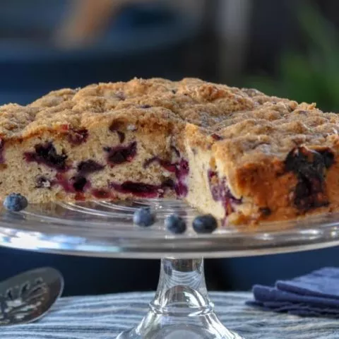 Gluten Free Blueberry Buckle Cake on pan