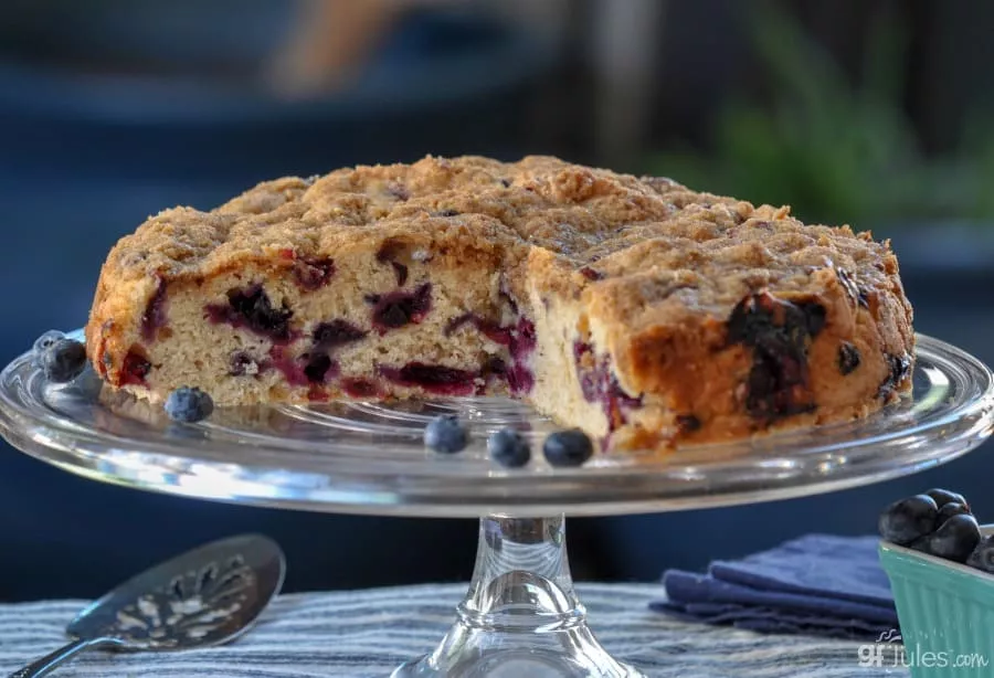 Gluten Free Blueberry Buckle Cake on pan