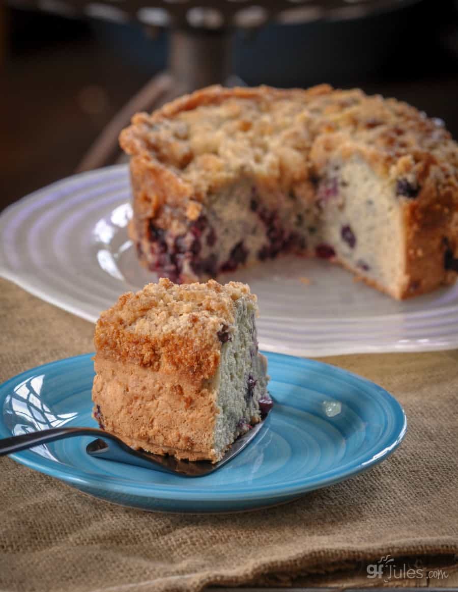 gluten free blueberry buckle cake in 7 inch pan