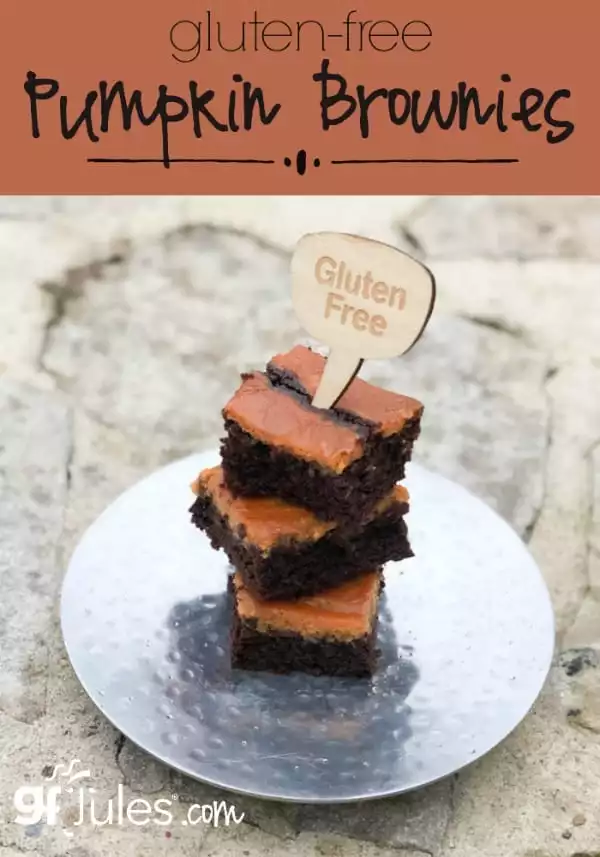 gluten free pumpkin brownies -- chewy, fudgy, cakey brownies topped with a pumpkin pie layer of delicious! gfJules