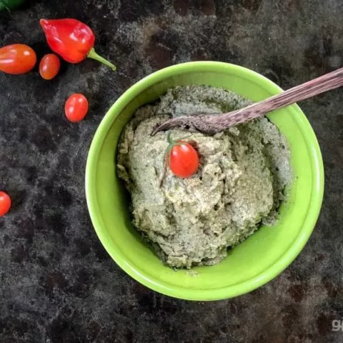 no garlic pesto in bowl with spoon