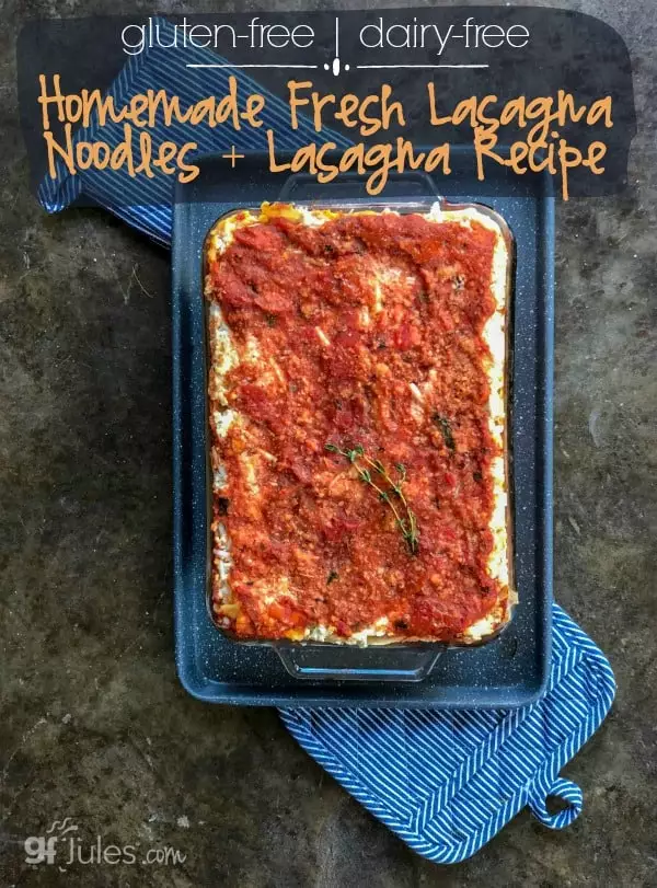 Gluten free vegetarian lasagna made with homemade fresh gluten free lasagna noodles, homemade sauce and dairy-free cheeses! Layers of deliciousness without meat, dairy or gluten so we can all enjoy together! gfJules