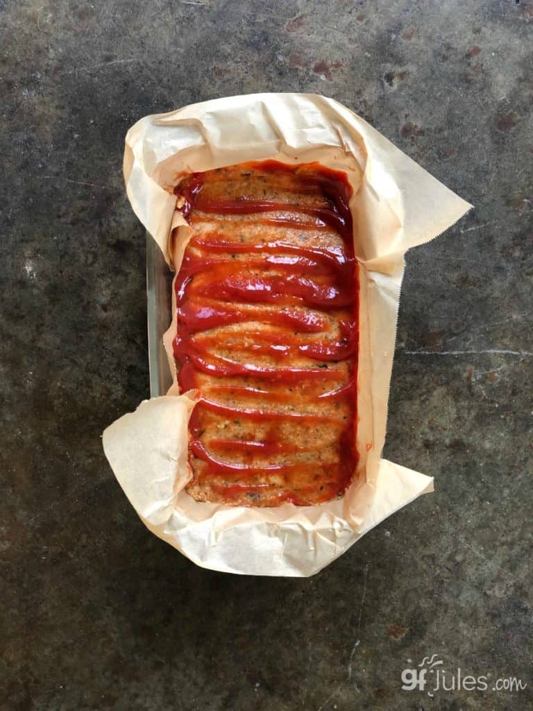 Gluten Free Vegetarian Meatloaf before baking with ketchup