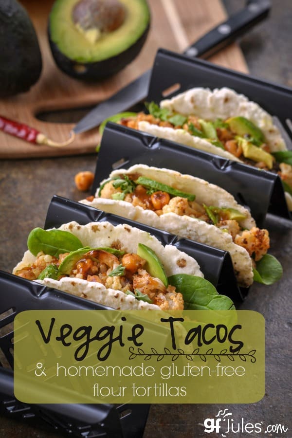 Taco Tuesday? Meatless Monday? #Veganuary? These Veggie Tacos with homemade gluten free flour tortillas check off all the boxes! | gfJules.com #glutenfree #vegan #meatless #tacos