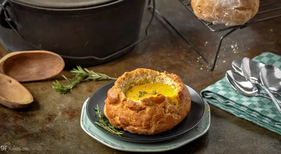 gluten free bread boule with soup and pot