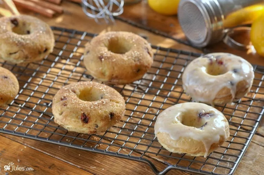 gluten free lemon blueberry doughnuts on rack 2