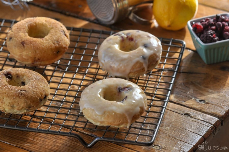 gluten free lemon blueberry doughnuts on rack