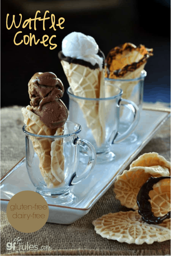 Homemade Gluten Free Waffle Cones bring the boardwalk into your kitchen. These yummy gluten free waffle cones are dairy free and can be made vegan! Start to finish in 15 minutes! Such a great summer recipe.