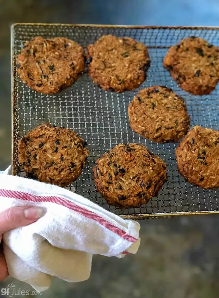 gluten free sweet potato black bean veggie burger on air fryer tray