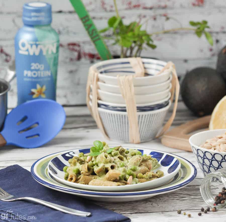 gluten free avocado pesto on plate with OWYN