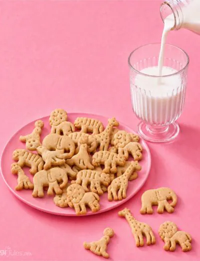 gluten free animal crackers on pink plate