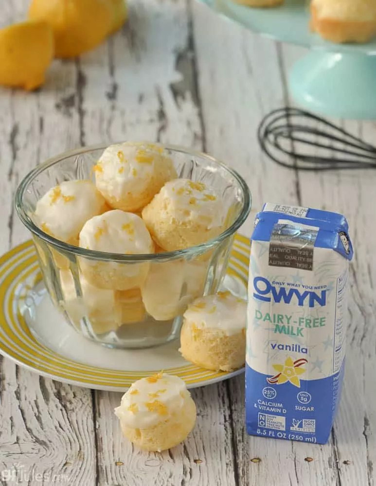 gluten free lemon bites in bowl with OWYN V