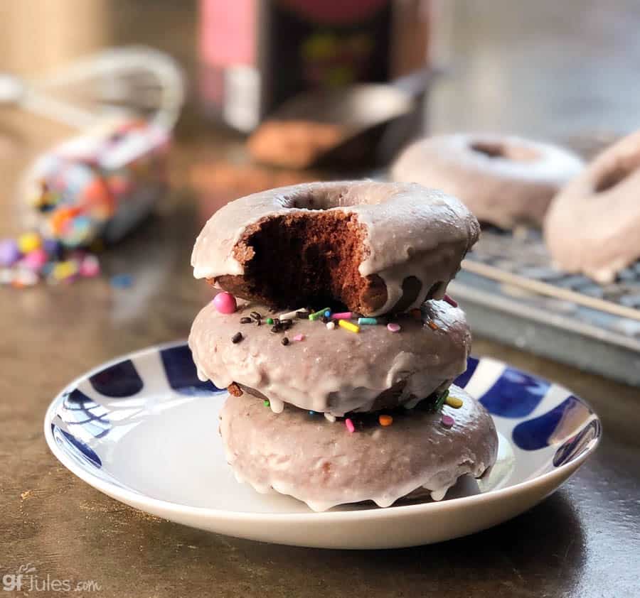 gluten free chocolate donut stack with bite