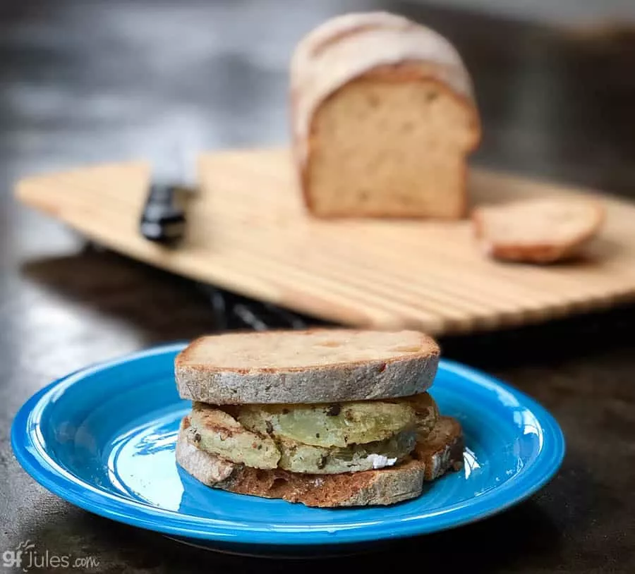 gluten free sourdough dough fried green tomato sandwich