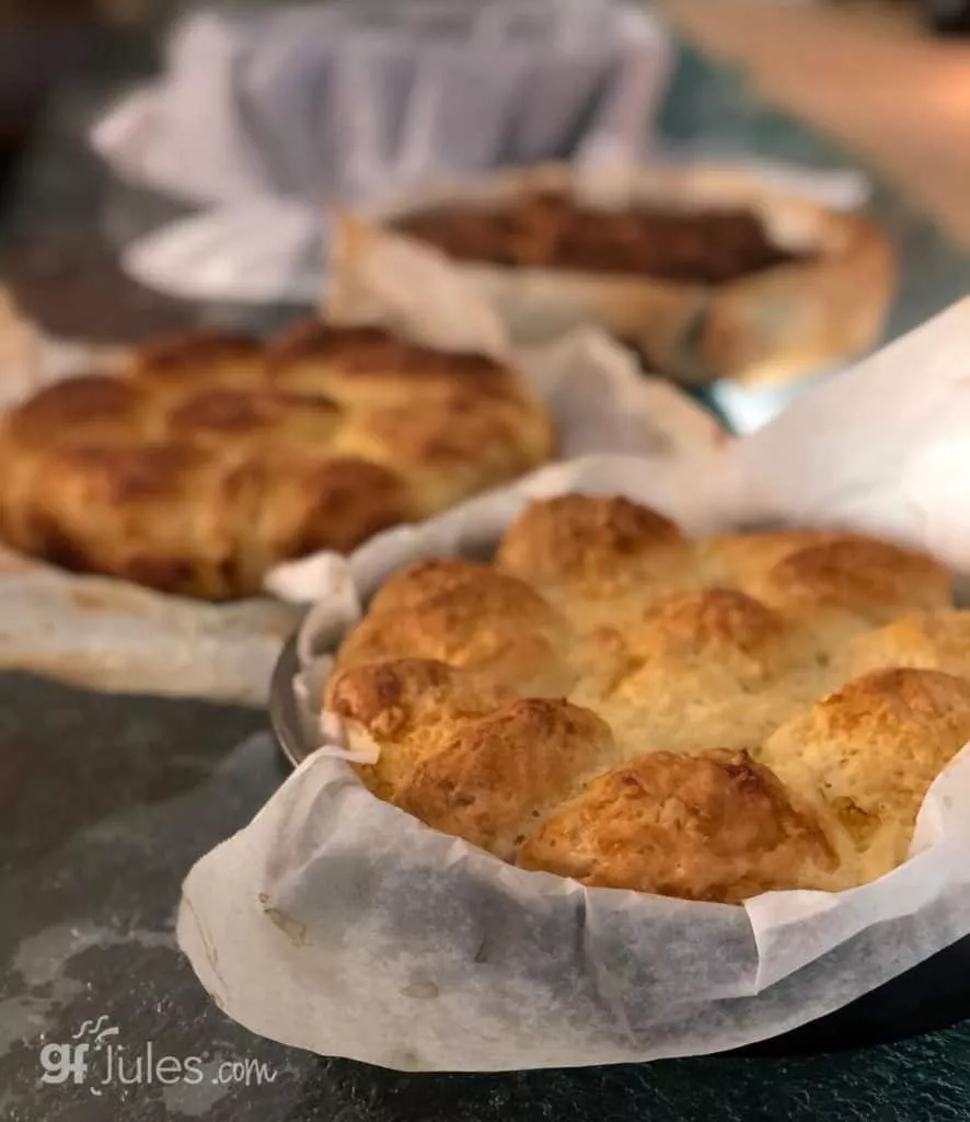 gluten free pull apart rolls: fresh-baked in front; baked then frozen in middle; refrigerated overnight then baked the next day in the back