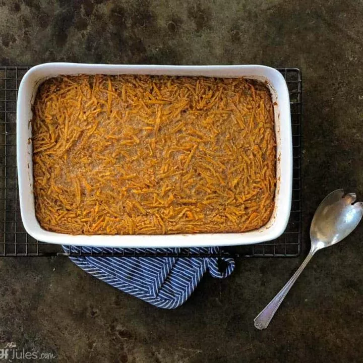 gluten free grated sweet potato casserole with potholder