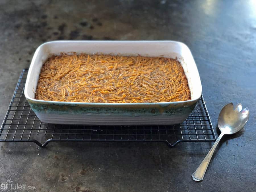 grated gluten free sweet potato casserole with spoon