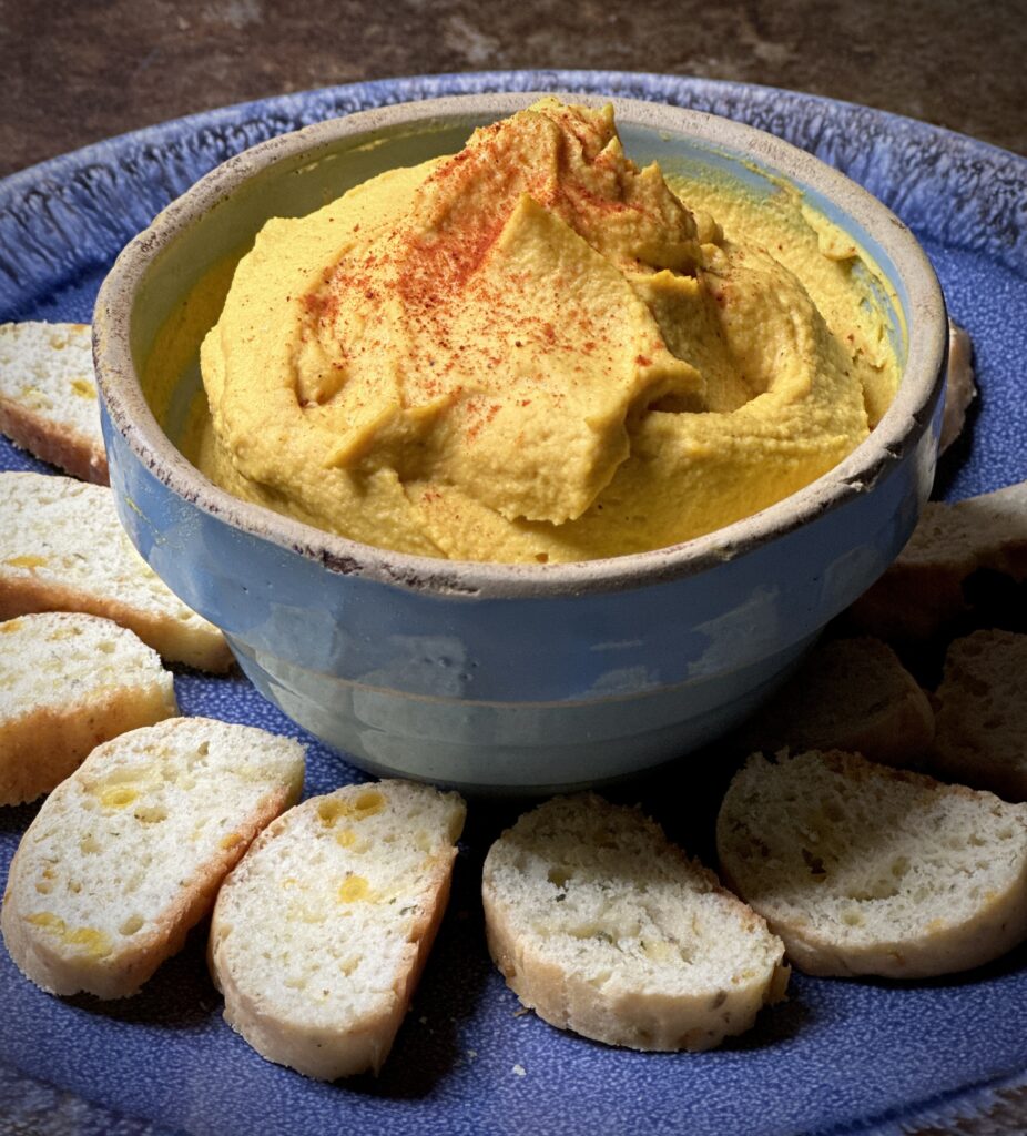 pumpkin hummus with gluten free baguette crostinis