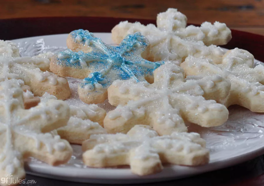 gluten free cut out cookie blue snowflake on plate | gfJules_