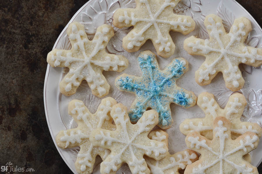 gluten free cut out cookie snowflakes on plate | gfJules_