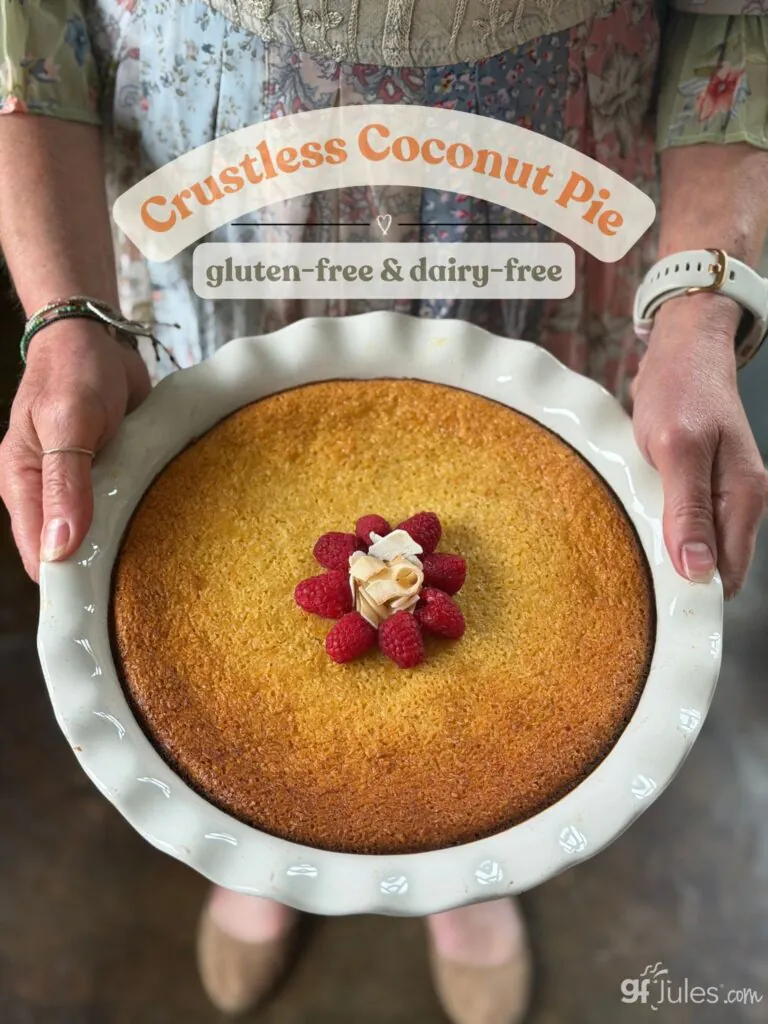 Gluten Free Dairy Fre Crustless Coconut Pie presented with raspberries