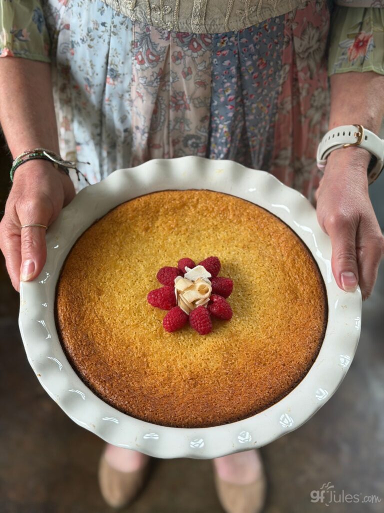 Gluten Free Dairy Free Crustless Coconut Pie presented with raspberries on Easter